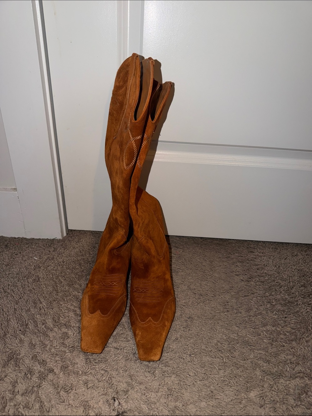 KHAITE Tall Suede Western Boots in Cognac Brown